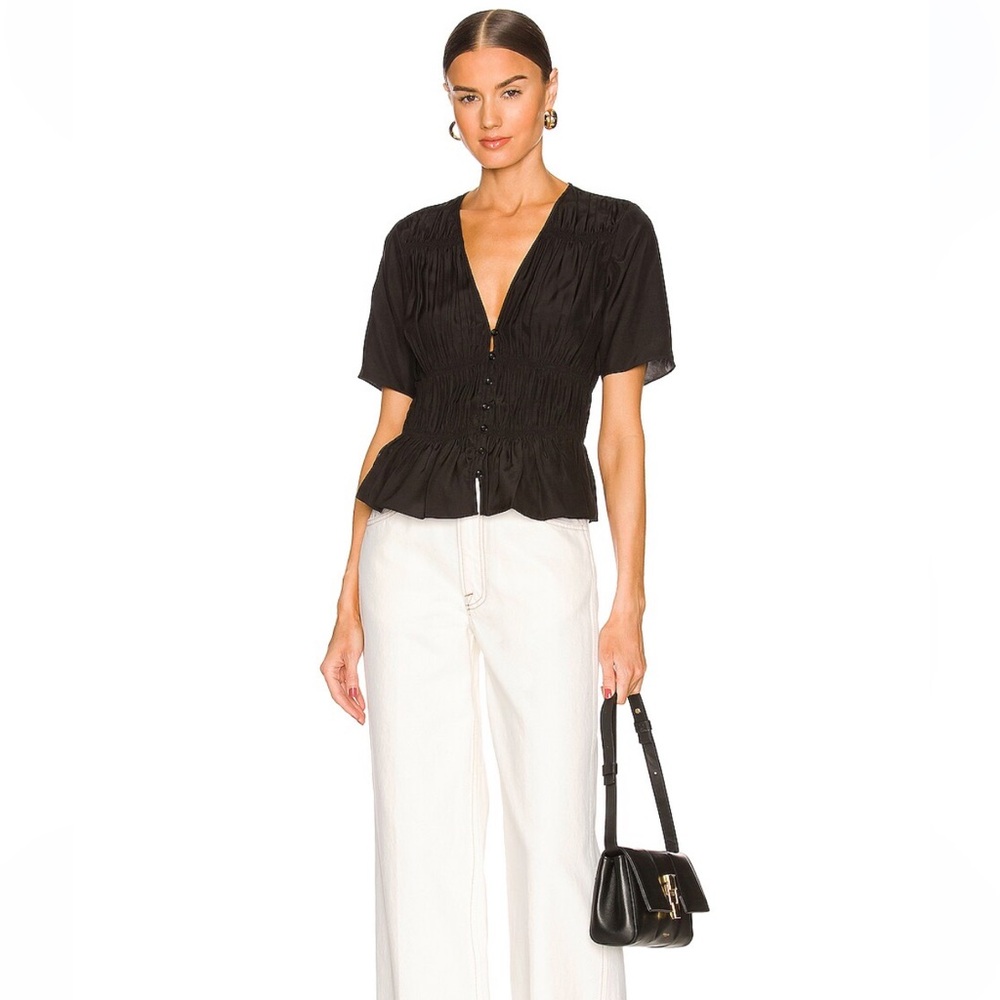 Frame Silk Satin Ruched V-Neck Button Up Blouse Noir Black Size L